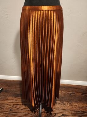 Pomelo Metallic Copper Pleated Maxi Skirt